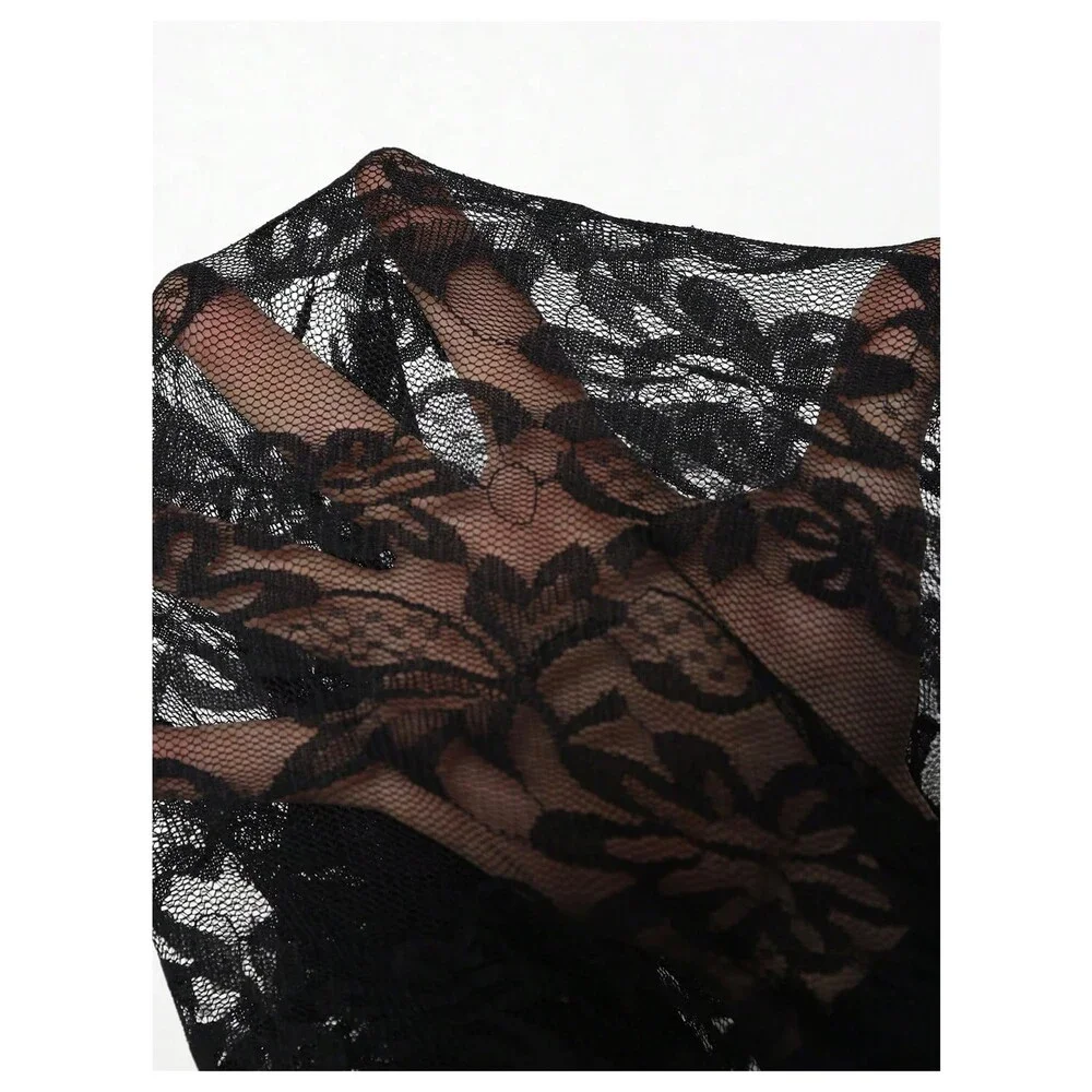 OYOANGLE Women's Black Plus Size Floral Lace High Waisted Pantyhose XL-PLUS